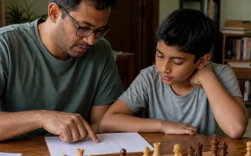 Indian father and school-age son reviewing a chess scoresheet at a dining table — ChessWize