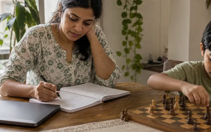 Indian parent reviewing notes at a dining table while a child plays on a wooden board — ChessWize