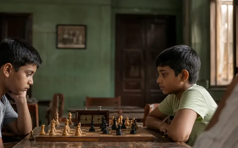 Two Indian children playing chess at a worn wooden table in an older club room — ChessWize