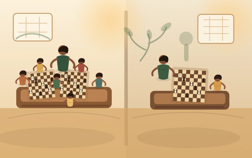 Side-by-side comparison of chess academy group class and one-on-one private tutoring session — ChessWize