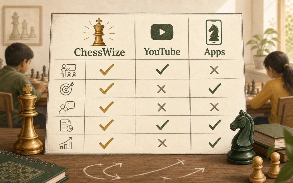 Split screen showing online chess coaching session and chess app interface side by side — ChessWize