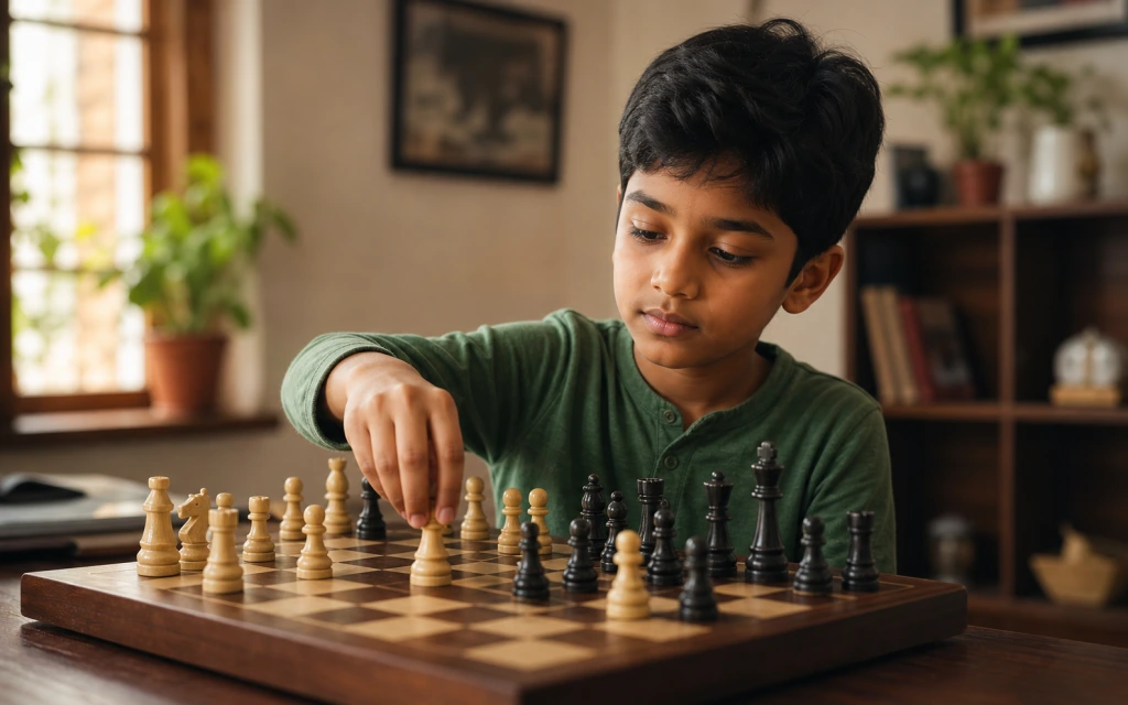 Child focused on a chess puzzle with supportive coach — adapted chess session for attention difficulties — ChessWize
