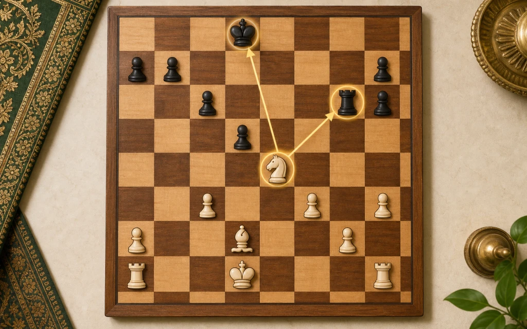 Chess board showing a knight fork attacking king and queen — chess tactics for kids — ChessWize