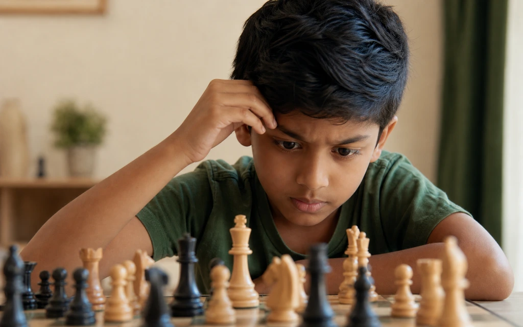 Indian child deeply focused while studying a chess position on a board — ChessWize