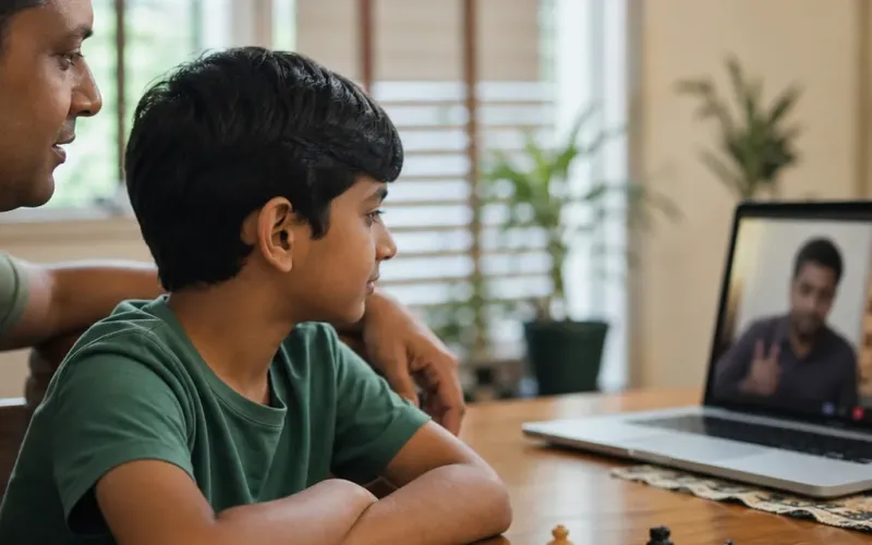 Indian parent sitting beside a child during a laptop video chess lesson — ChessWize