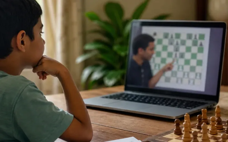Indian child in a live laptop chess lesson with a handwritten note and wooden set on the table — ChessWize