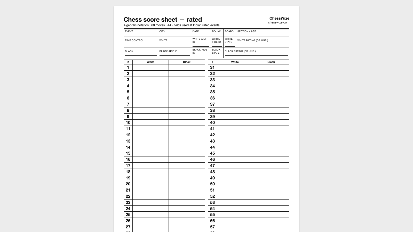Printable chess score sheet PDF — rated A4 sheet with AICF and FIDE ID fields — ChessWize