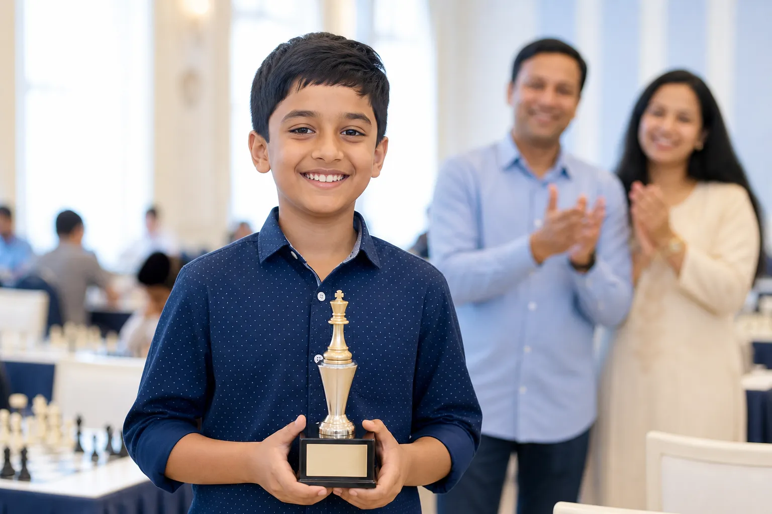 A young student holding a chess trophy
