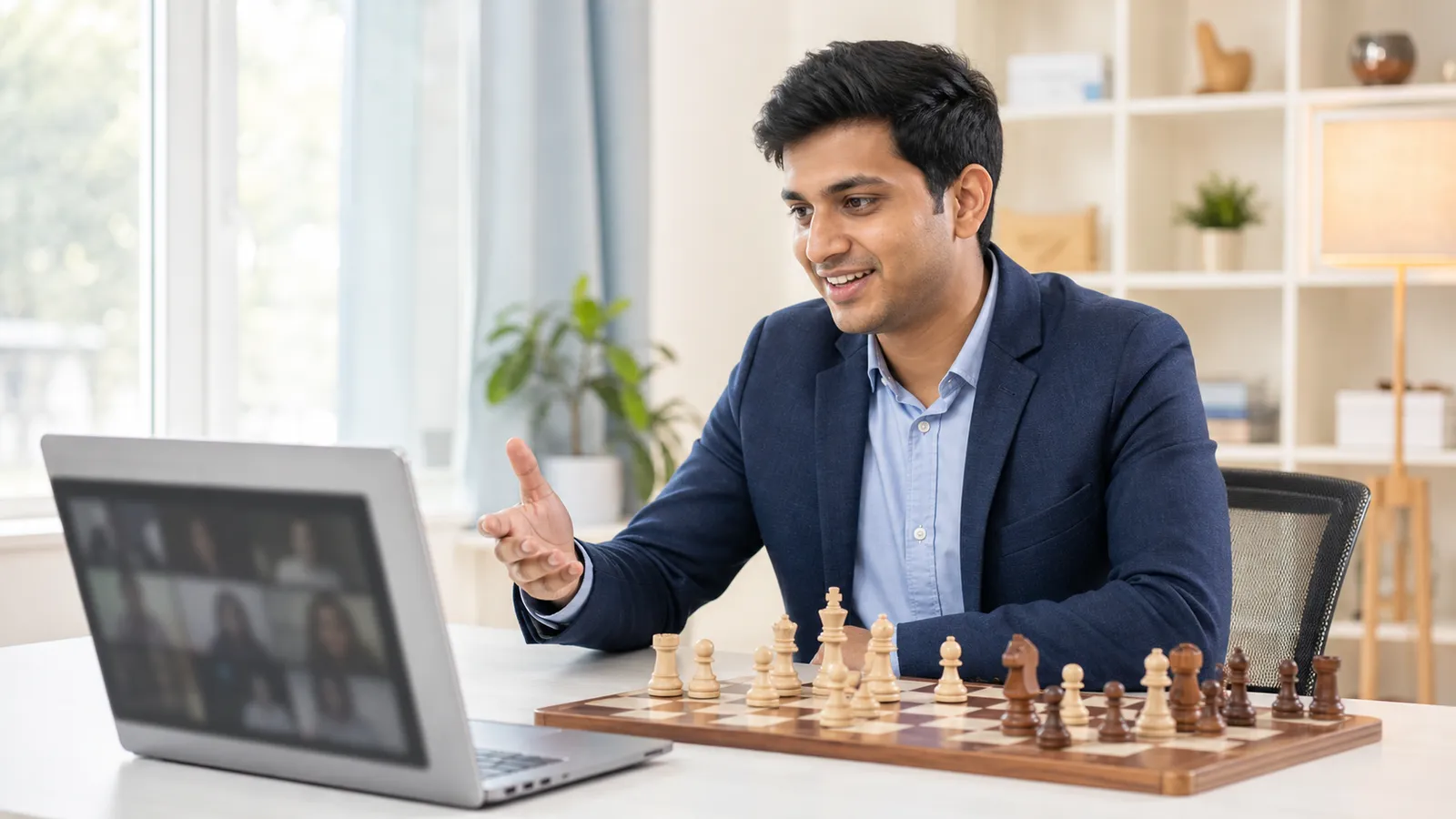 A ChessWize coach teaching live online with a demonstration board