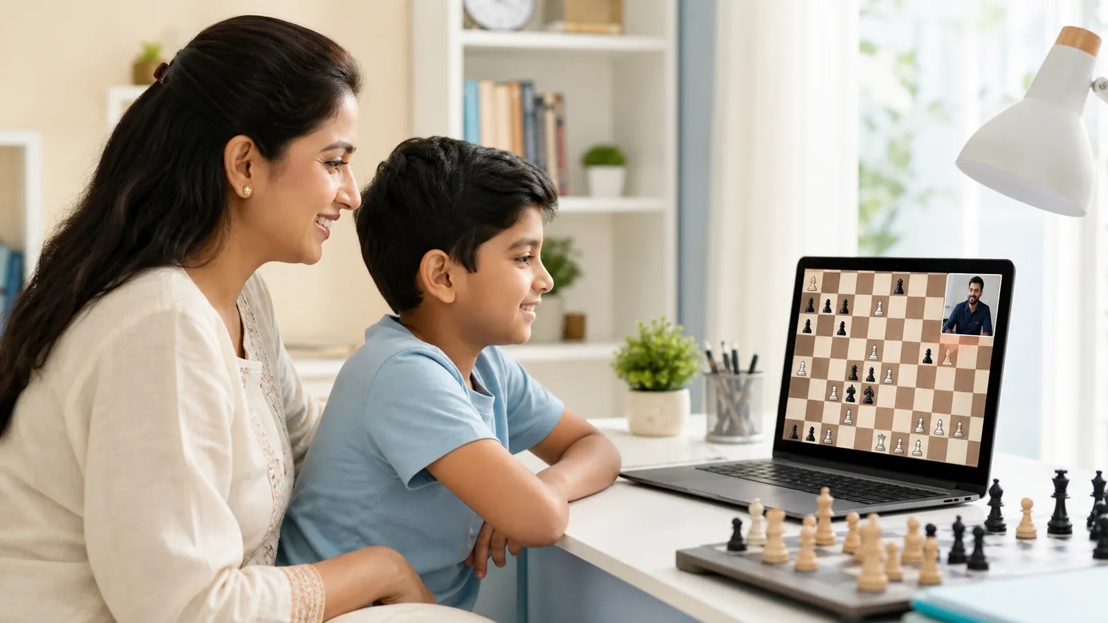 A parent and child taking a live online chess class at home
