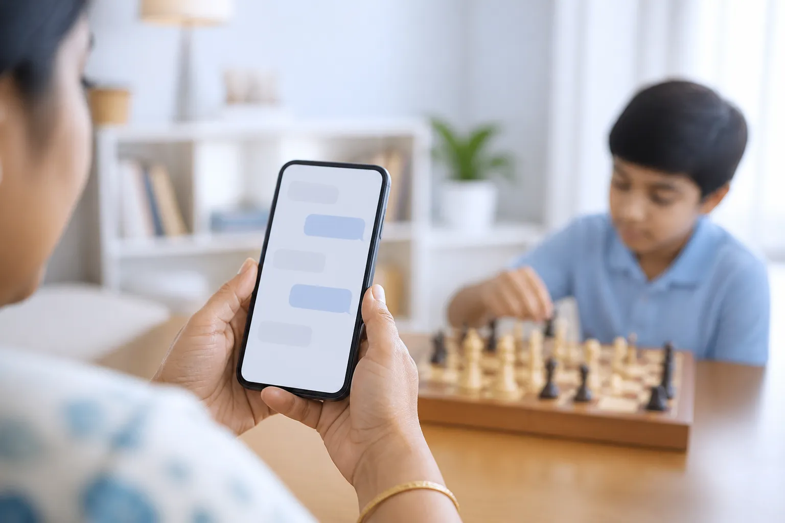 A parent reading a weekly chess progress update on their phone
