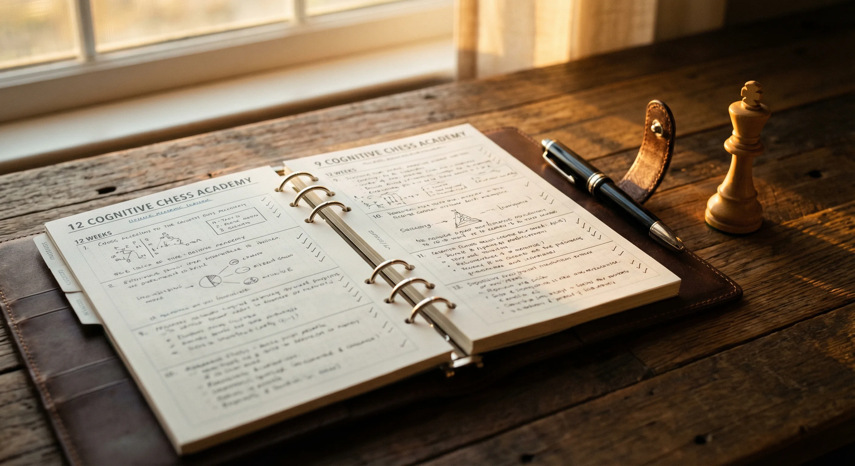 A high-end academic planner showing a 12-week cognitive chess curriculum