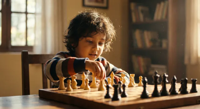 Young chess student learning the fundamentals at home