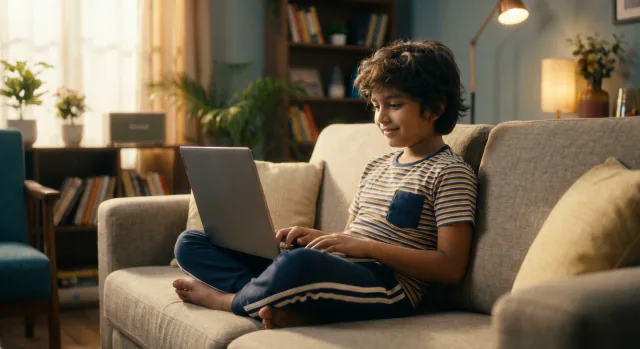 Young chess player practising strategy during an online lesson