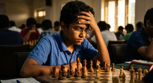 Competitive junior chess player calculating during a tournament