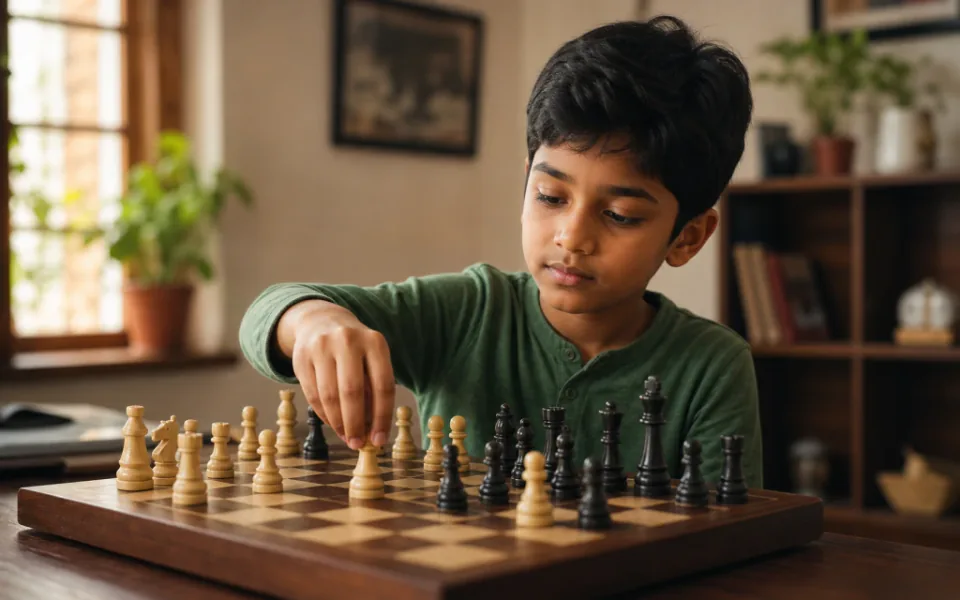 Child focused on a chess puzzle with supportive coach — adapted chess session for attention difficulties — ChessWize