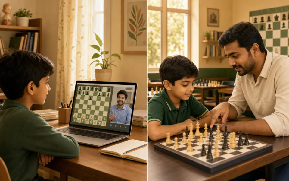 Split image showing child at laptop for online chess class and children at physical chess boards in classroom — ChessWize
