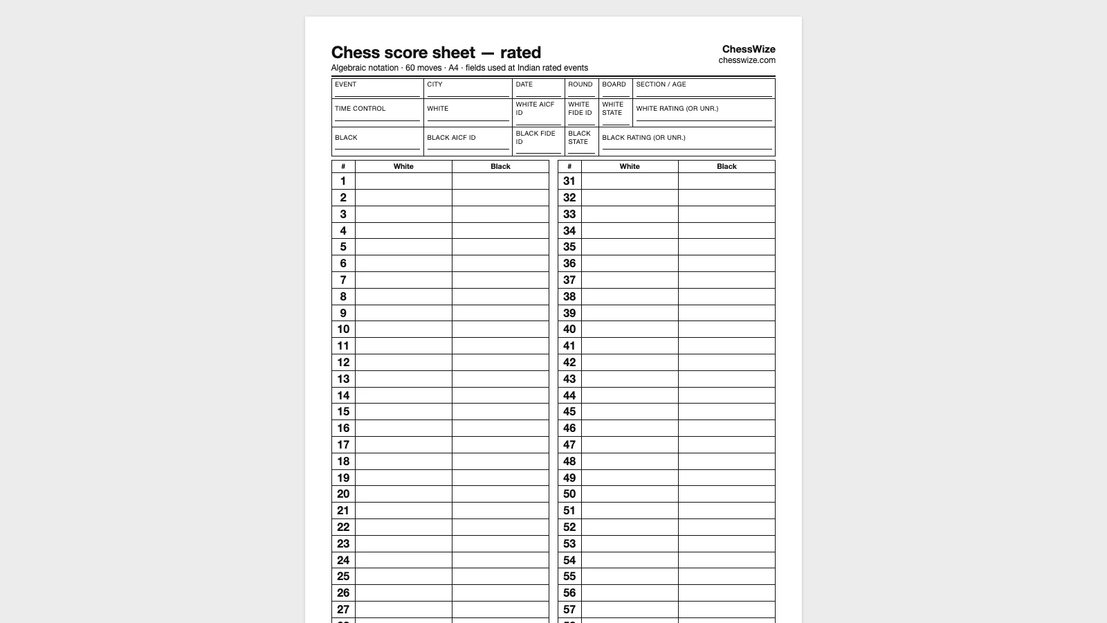 Printable chess score sheet PDF — rated A4 sheet with AICF and FIDE ID fields — ChessWize