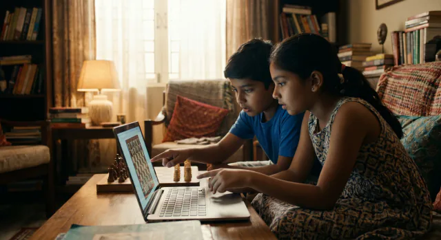 Two children learning chess together during an online class