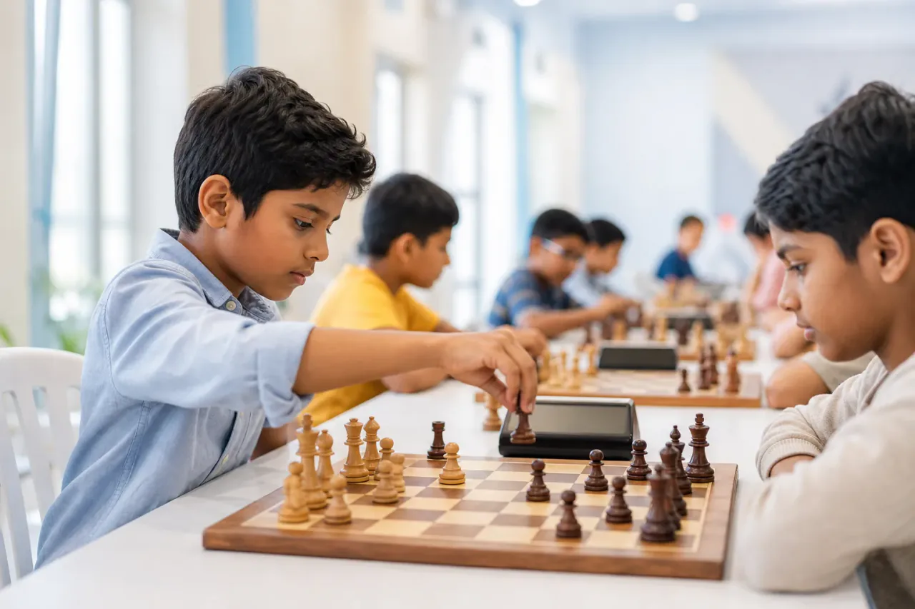 Children concentrating over the boards at a chess tournament hall