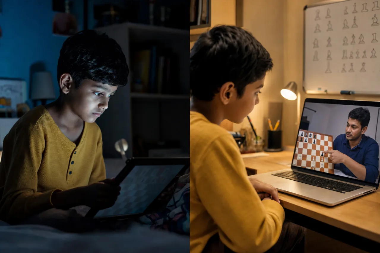 Young chess student deep in concentration during a live ChessWize session