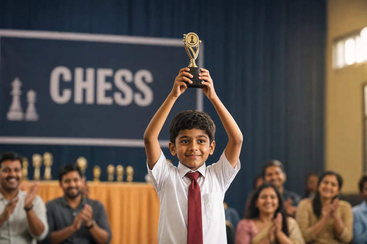 ChessWize student lifting a trophy after a Rotary tournament win