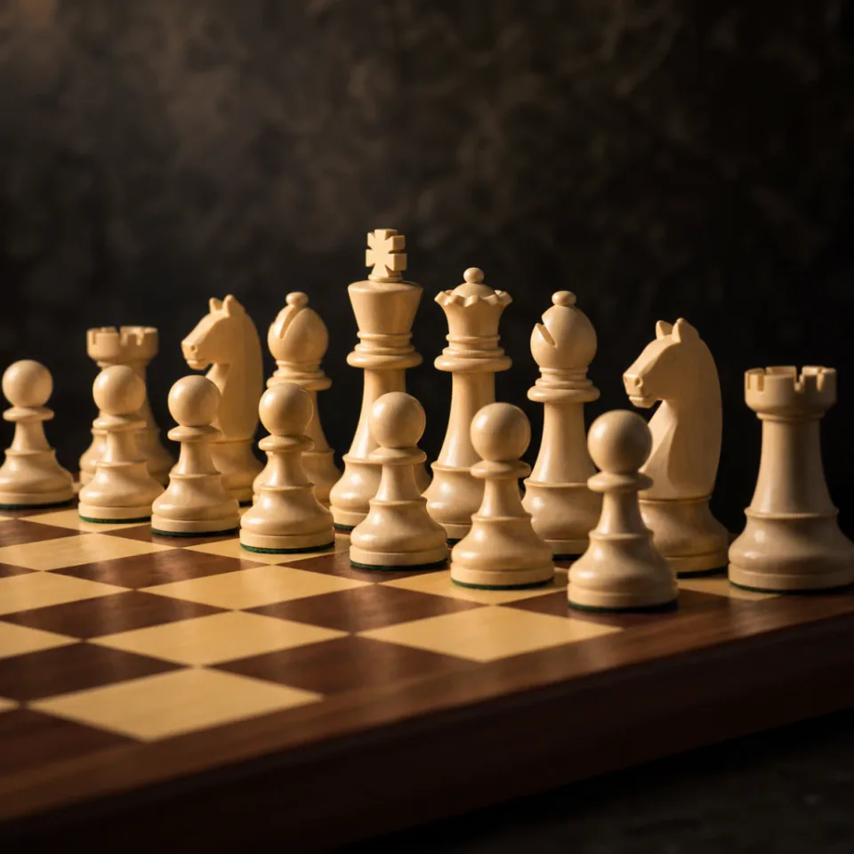 Chess board with wooden pieces representing app-based puzzle gamification