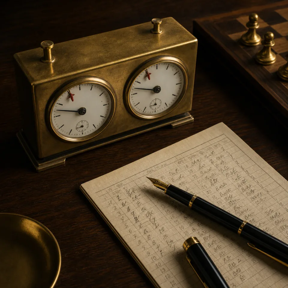 Tournament chess clock and scoresheet representing advanced advanced tier