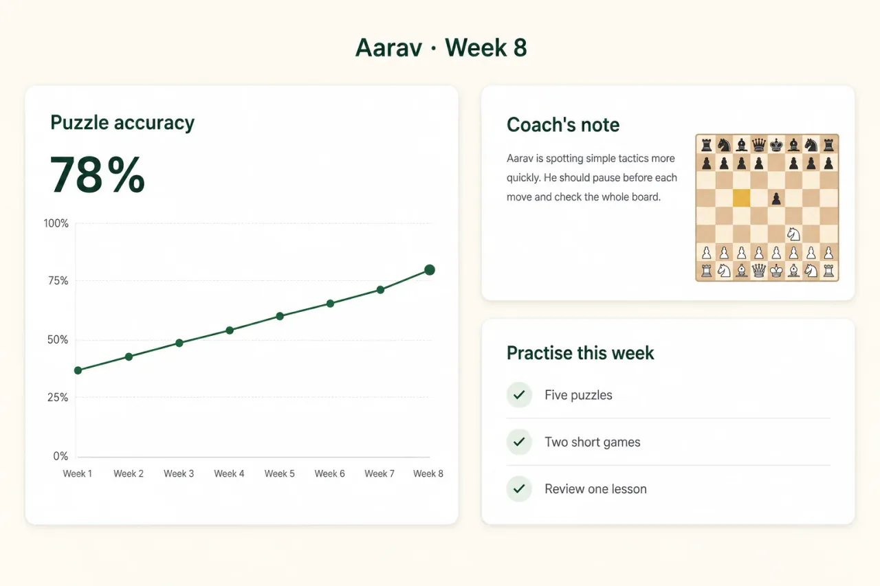 ChessWize parent dashboard — progress chart, coach notes, and tactical themes