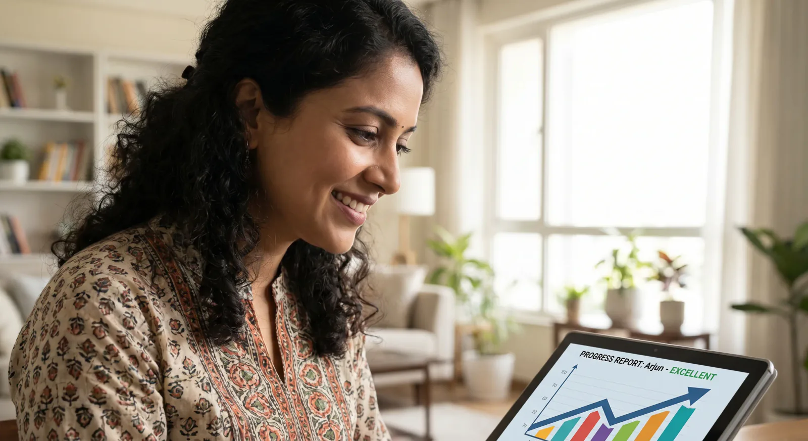 Proud parent watching their child's ChessWize progress on tablet