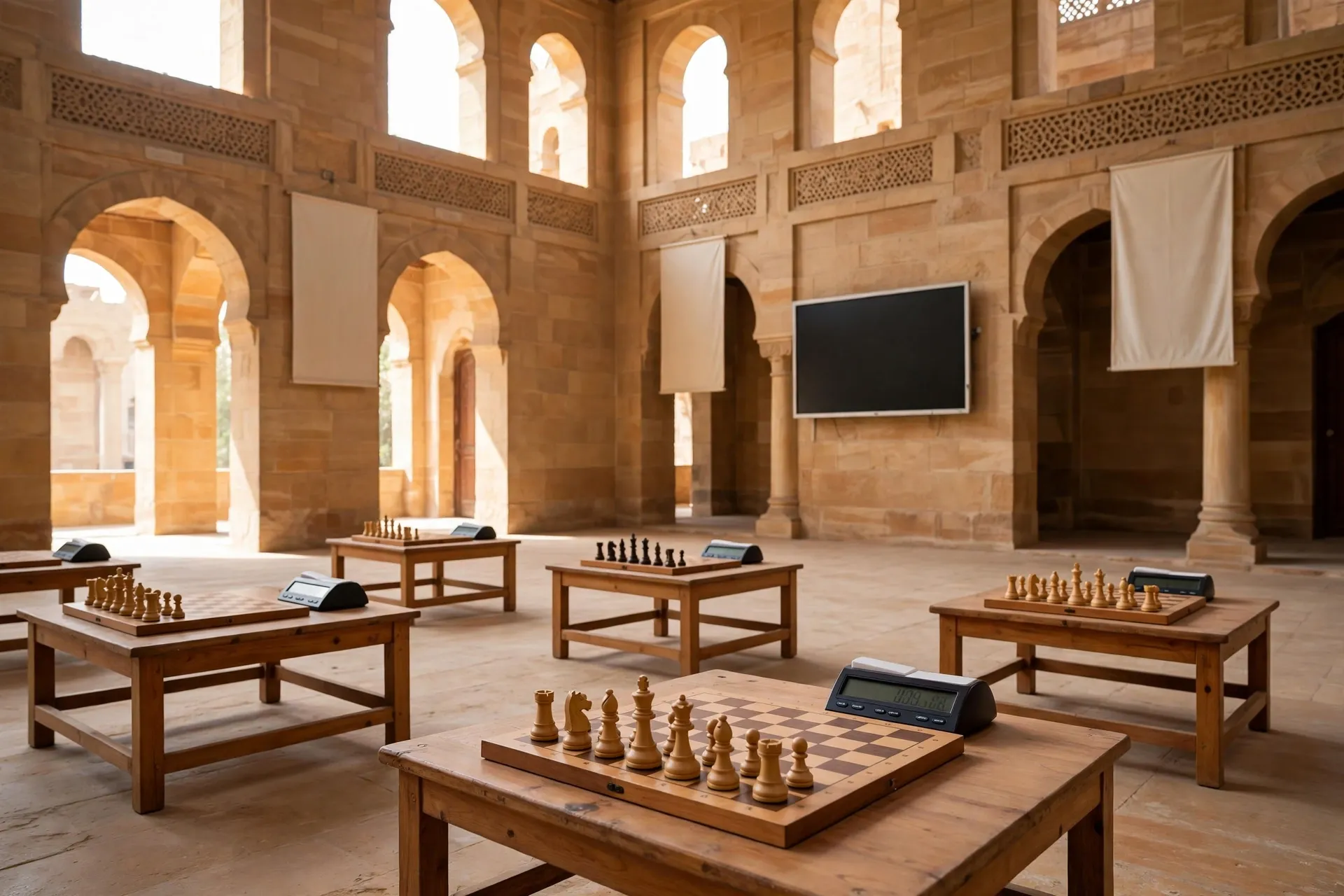 Abstract chess clocks and empty boards in cool indoor light, no people and no text