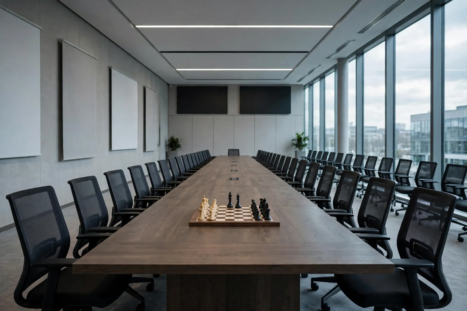 Empty federation meeting room with a chessboard set at the centre of a long conference table