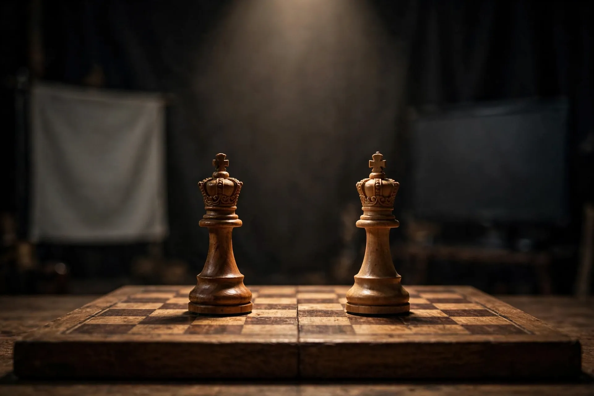 Two chess kings facing each other on a board under a single spotlight