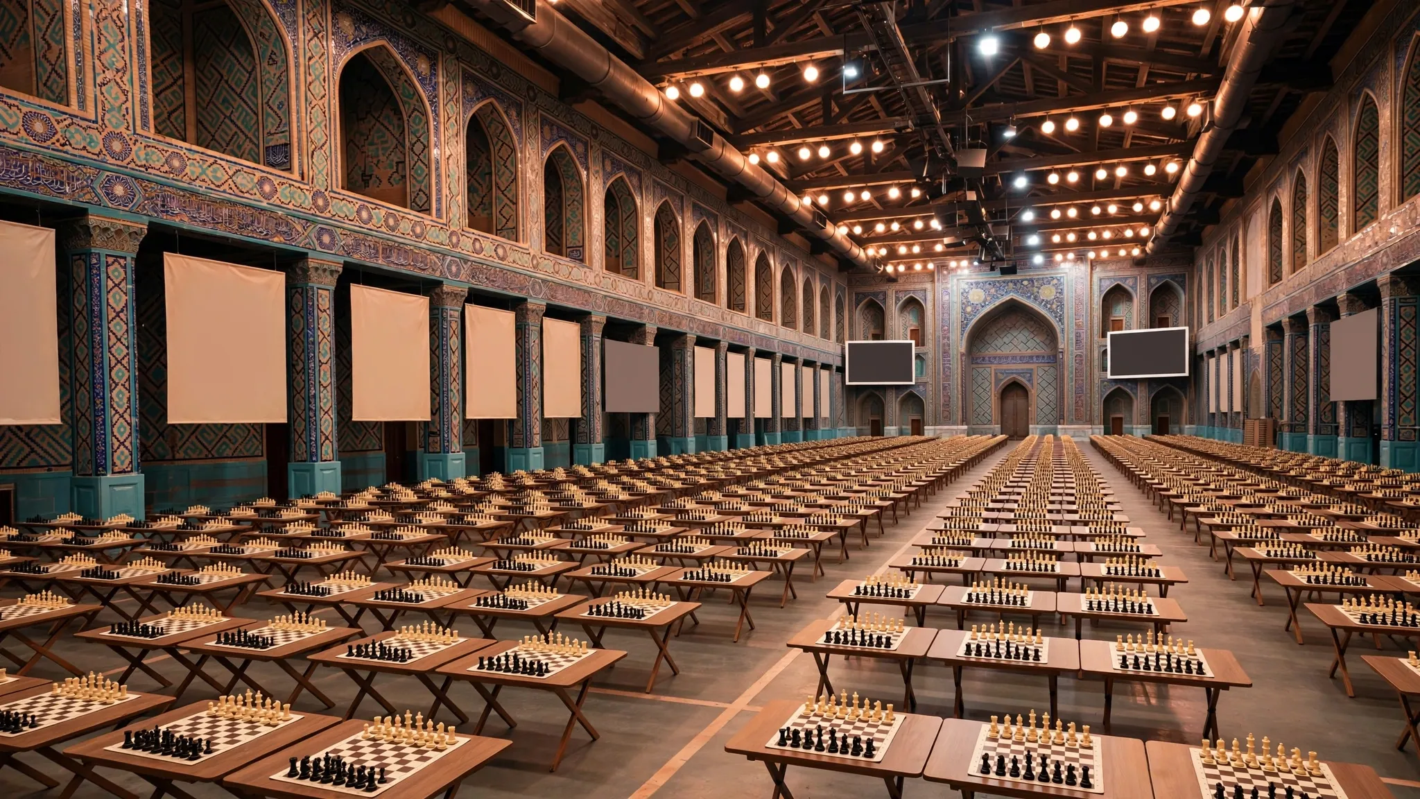 Empty chessboards in a tournament hall under warm lights, no people and no text