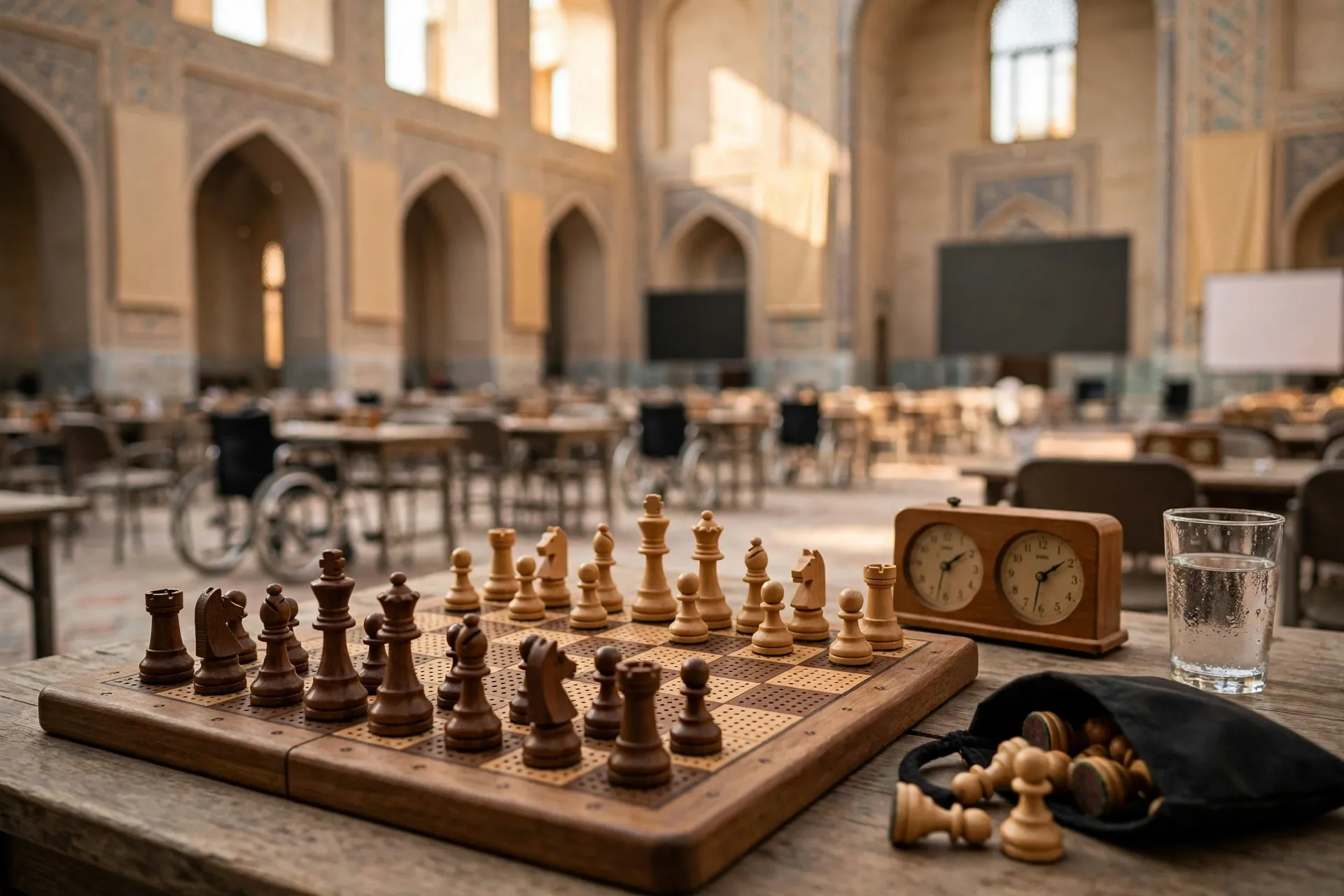 Chess set mid-game on a table in a tournament hall in Samarkand, accessible seating in soft focus