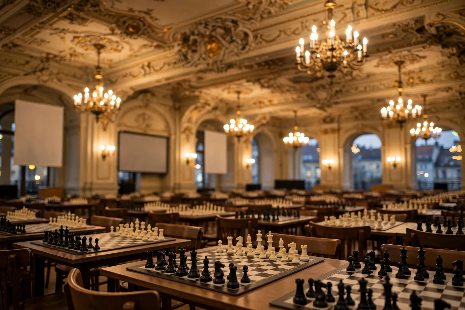 Rows of chess tables set for play in an ornate tournament hall with empty chairs