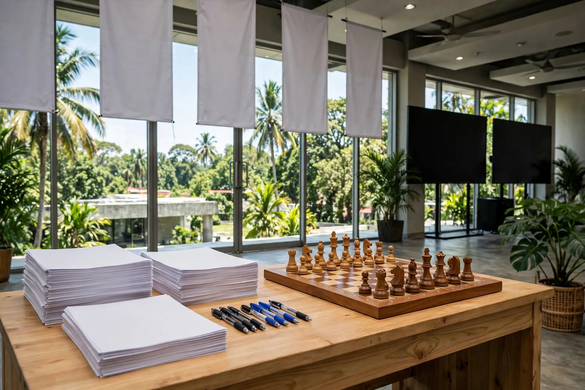 Tournament registration desk with stacked scoresheets, pens and a wooden chess set
